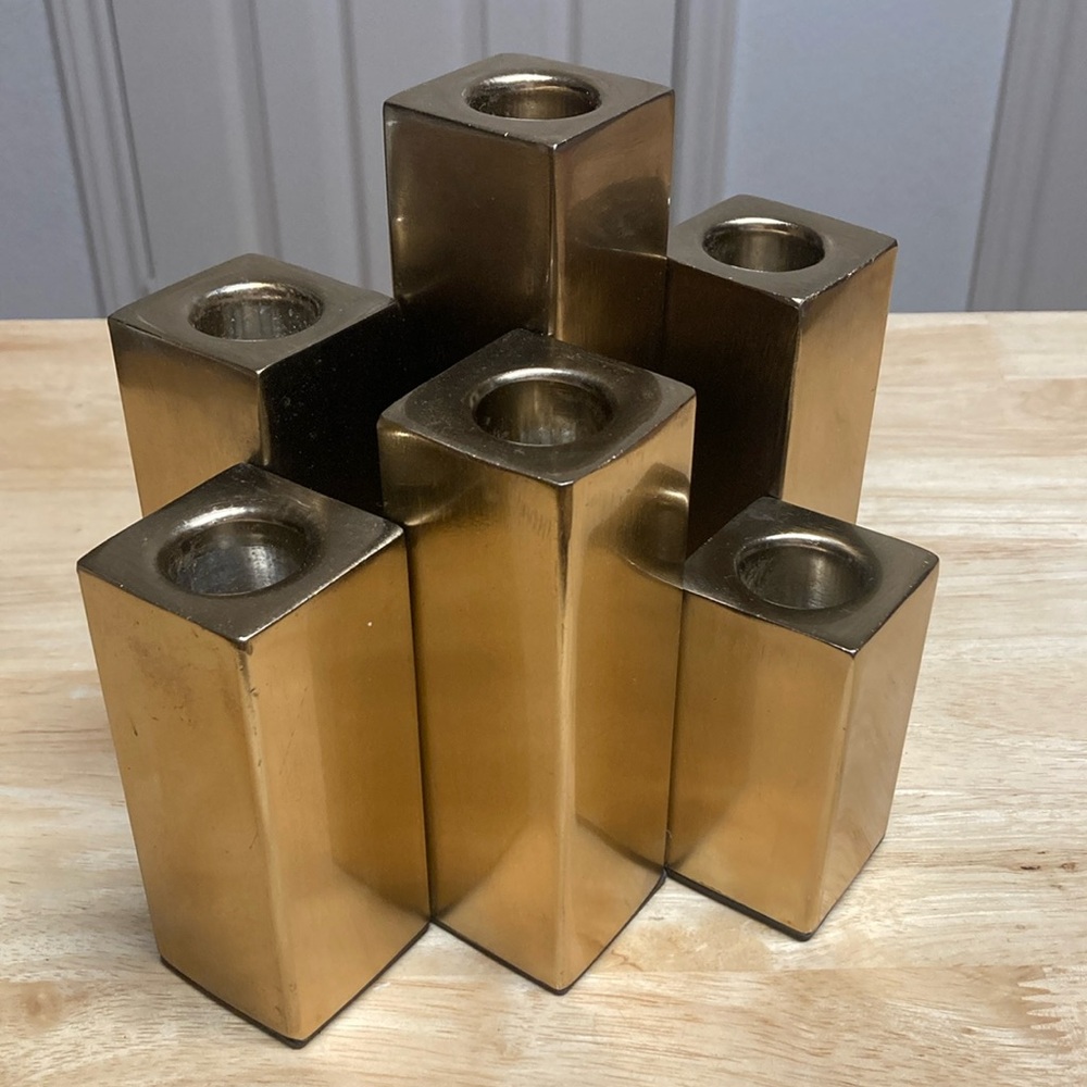 Nate Berkus Tiered Candle Holder Brutalist Style Gold Metal for 7 Candles